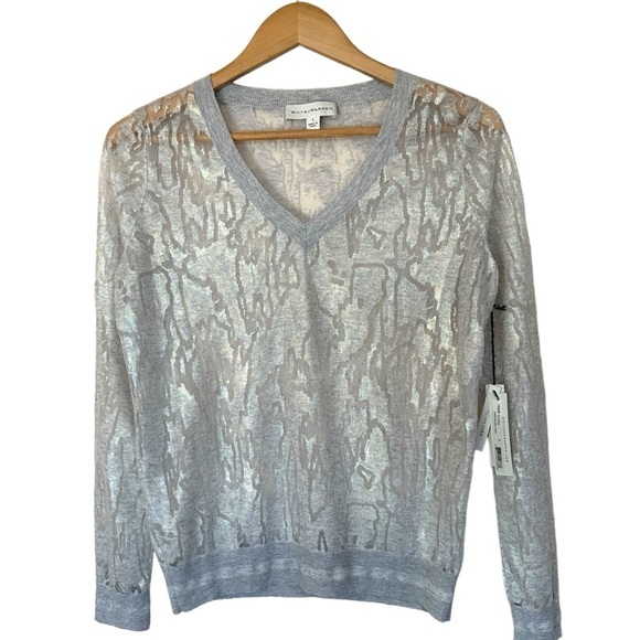 White and Warren Italian Yarn Sheer V-Neck in Oyster Splash Size S - Picture 1 of 10